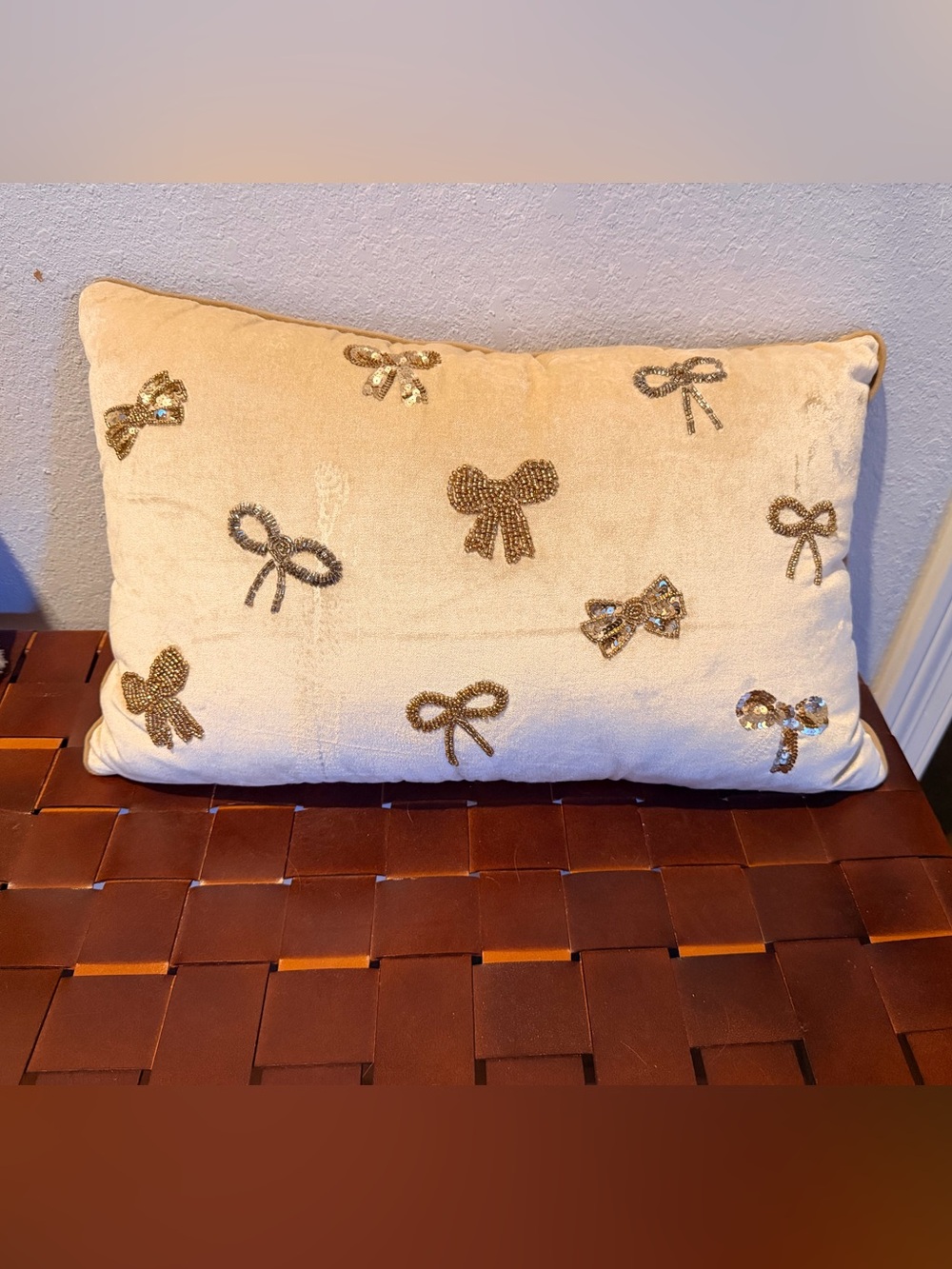Elie Tahari Cream and Gold Velvet Sequin Bow Accent Pillow